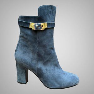 Hermes Kelly Joueuse Bleu Ardois Goat Suede Ankle Boots EU 38.5 Zippered